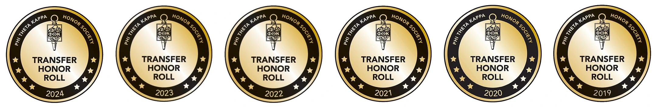 2019-2024 Phi Theta Kappa Honor Society 转移 Honor Roll seals.