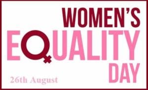 Pink text on a white background with a dark pink border that says "Women's Equality Day. Twenty sixth of August". The Q has been replaced by the female Venus symbol.