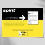 Advertisement card on a white background. The top is black with white text, while the bottom is yellow with black text. Advertises a 25% off coupon for Spirit Airlines