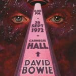 Digital poster with red text advertising a David Bowie concert. A beam of pink light stretches into a ufo, which is in between a pair of eyes.