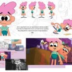 Character sheet of a pink haired boy cartoon character