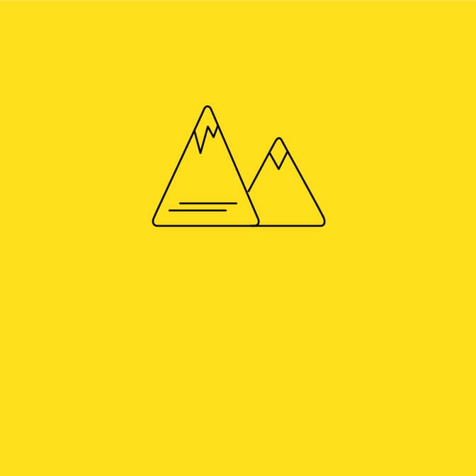 Black icon of two mountains on a yellow background.