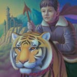 Artwork of Erica LeBarre. Illustration of a young boy in a blue jacket riding a tiger.