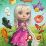 Artwork of Erica LeBarre. Illustration of a young blonde girl in a pink dress outside on the grass. Various food items and toys surround her head.