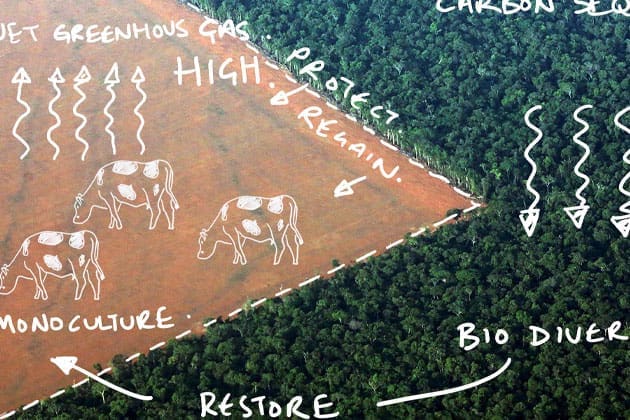 Diagram showing sustainable cow farming practices. Annotated in white