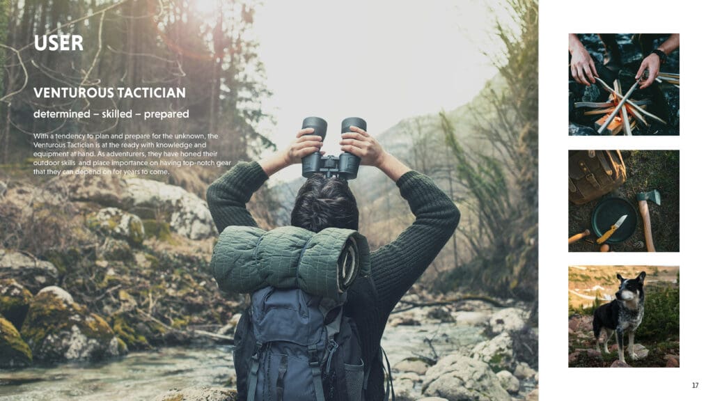 Four photos showing outdoors activity. The main photo shows a hiker looking up with binoculars