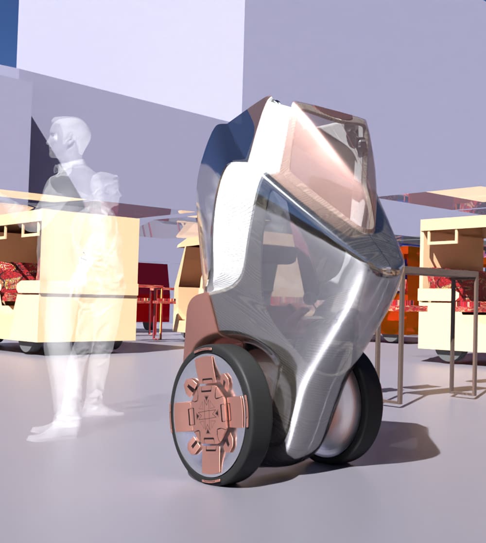 Concept mockup of a two wheeled silver vehicle.