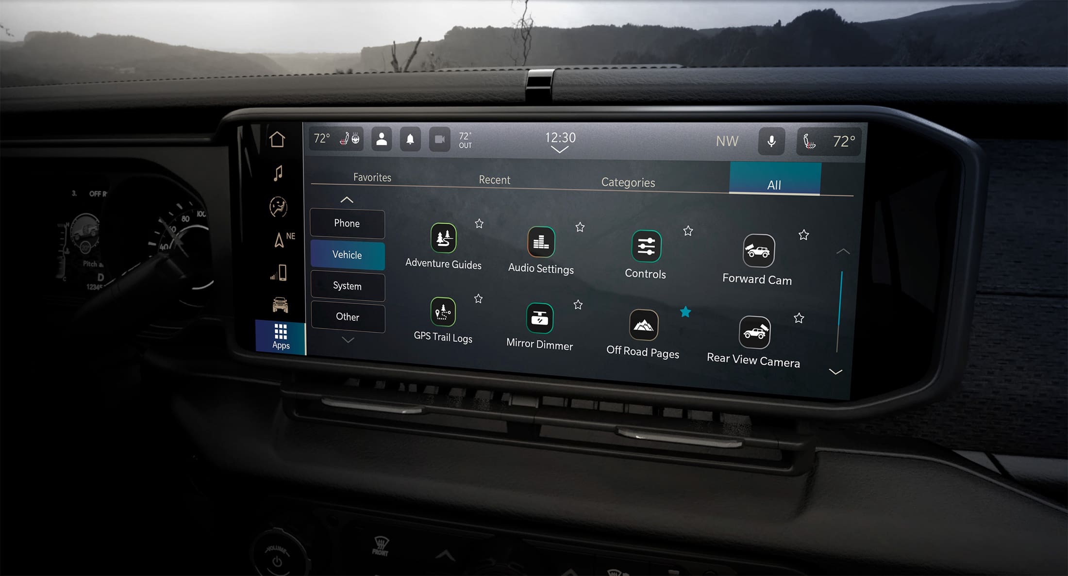 Photo of user interface screen in the front seat of a car. Display shows the various apps available