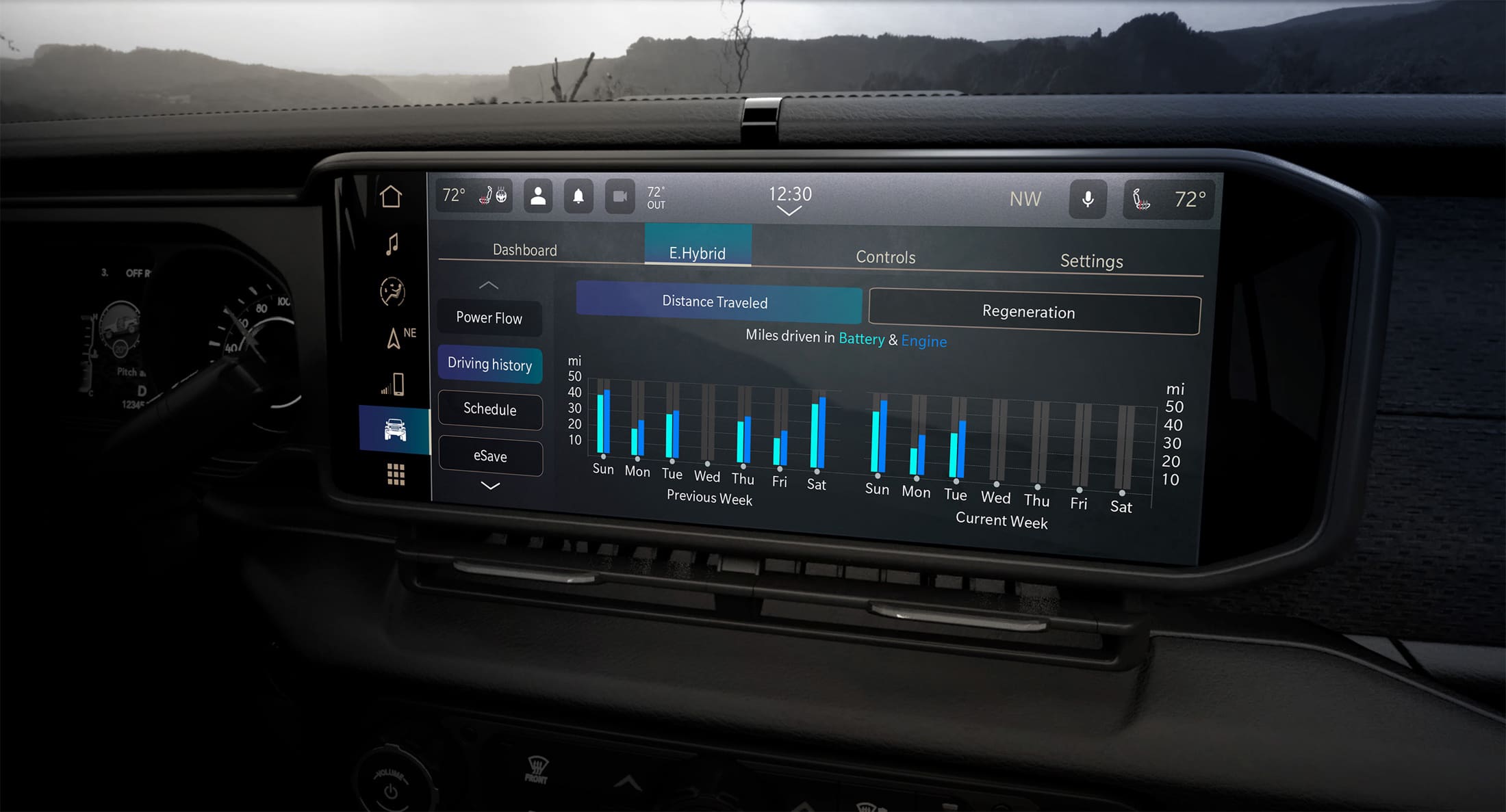 Photo of user interface screen in the front seat of a car. Display shows the distance traveled in the car.