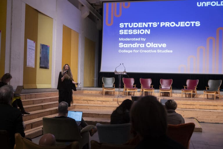 Sandra Olave, C-C-S Chair of Interior Design, speaking at Unfold for Milan Design Week.