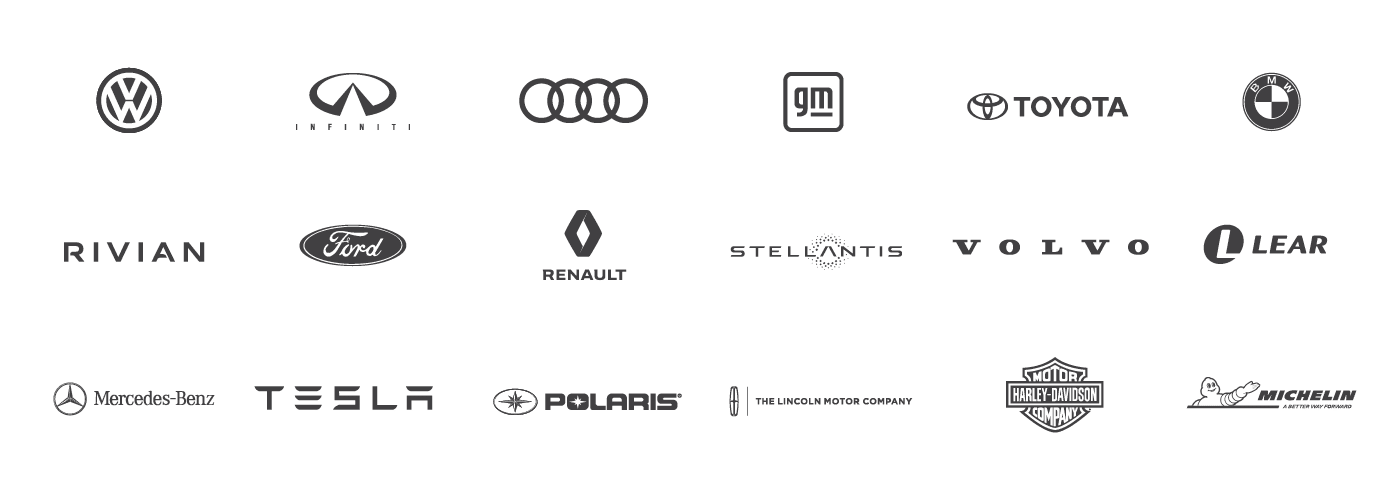 logos of the places CCS transportation design alumni work including GM, Ford, Audi, Stellantis, Volvo and many more