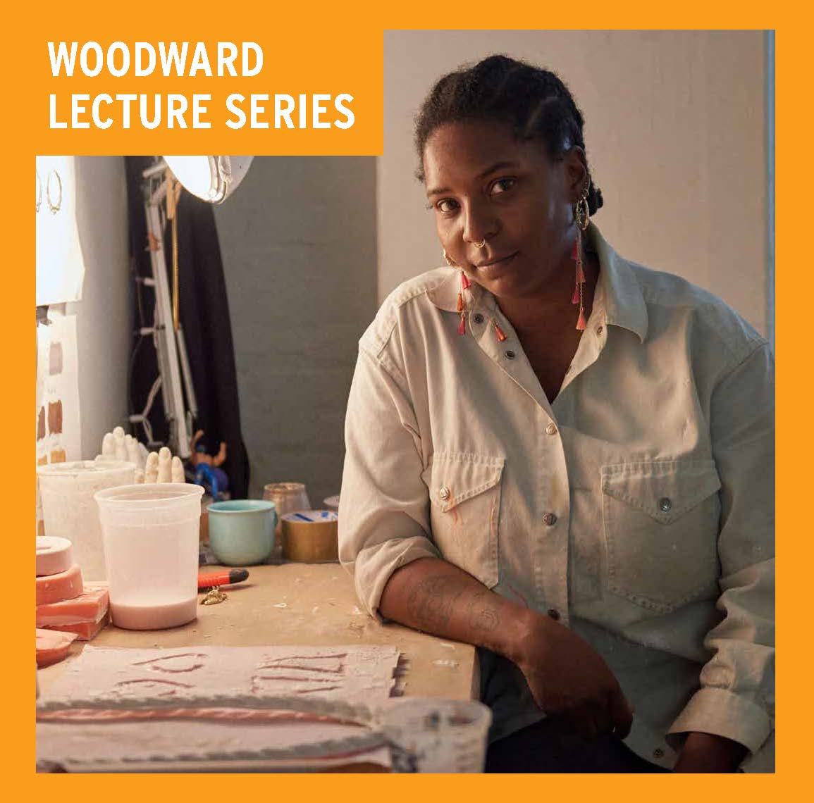 LaKela Brown in her studio with an orange border that says Woodward Lecture Series