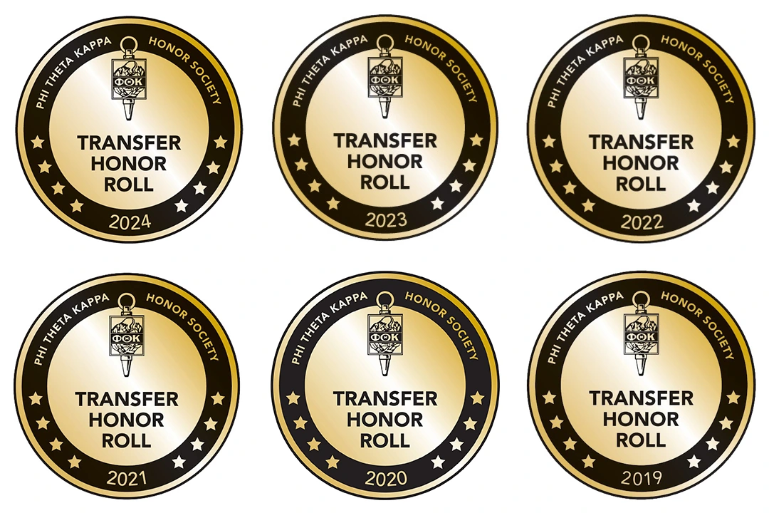 2019-2024 Phi Theta Kappa Honor Society Transfer Honor Roll seals.