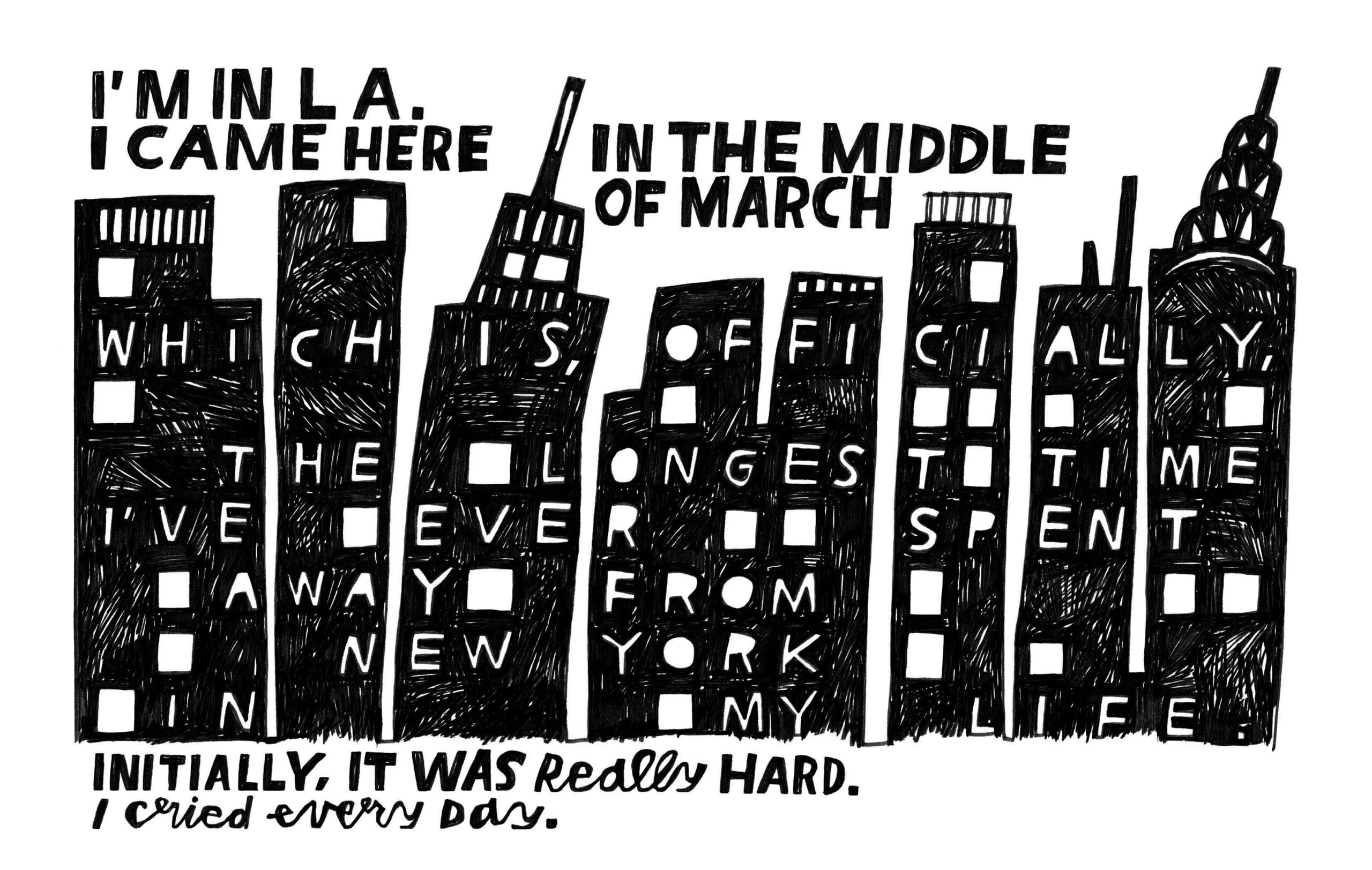 black and white drawing of a city scape with hand drawn fonts