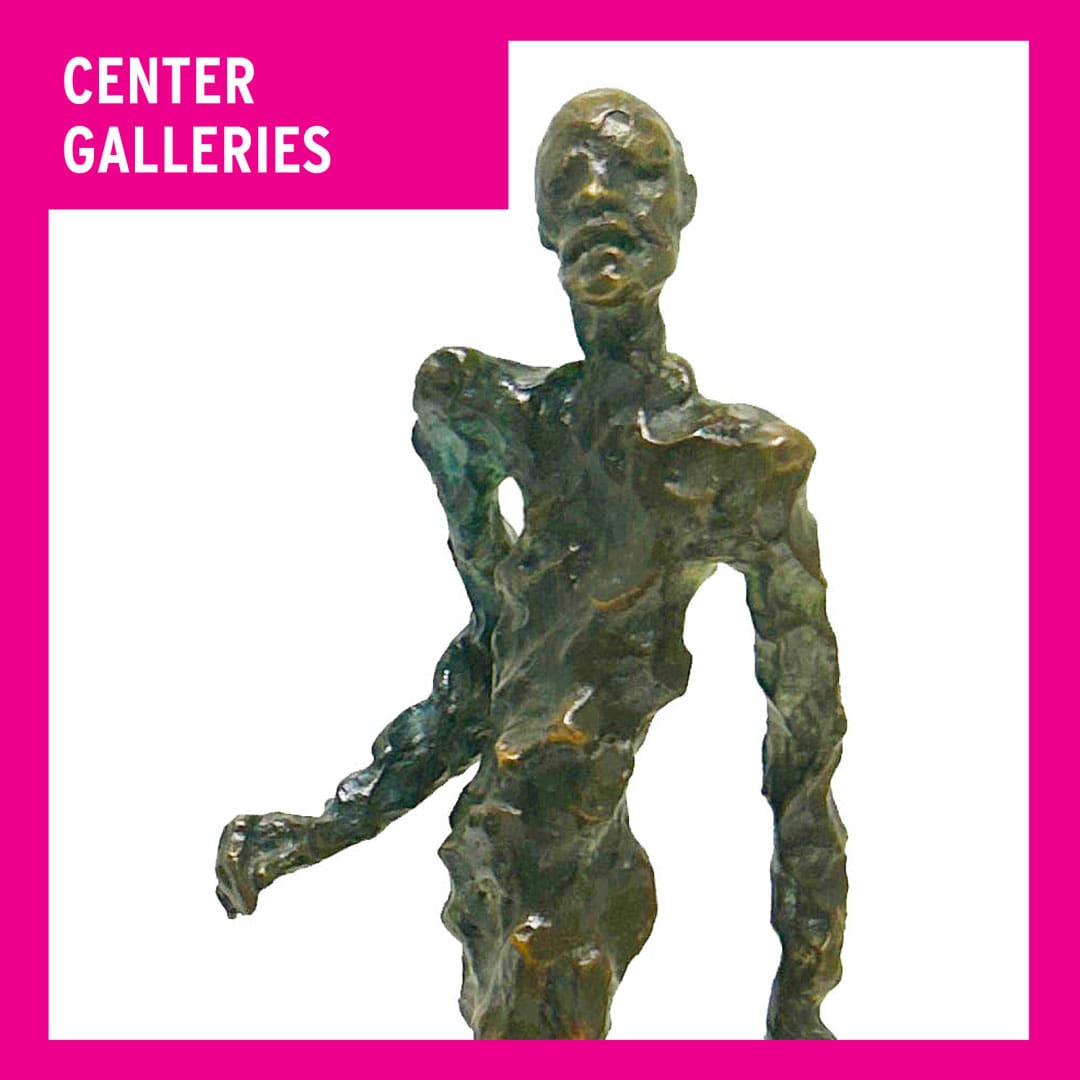 Center Galleries wordmark featuring Jay Holland's bronze sculpture of a person.