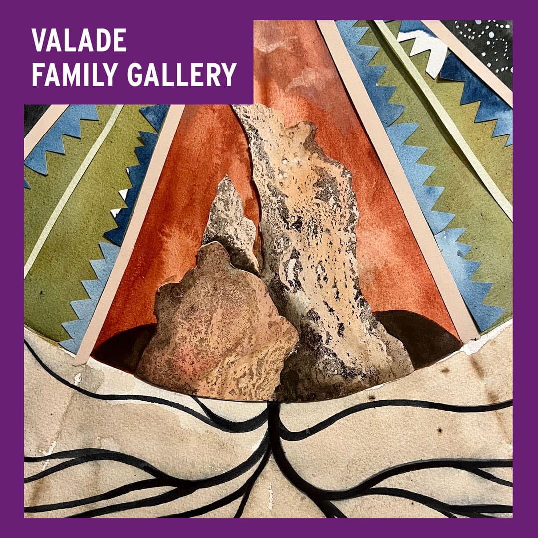 Valade Family Gallery wordmark featuring artwork using mixed materials that looks like a volcano coming out of the ground with roots underneath.