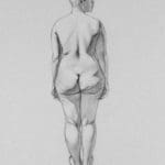 the backside of a nude figure with short hair