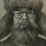 a bearded man wearing a fur hat smoking a cigarette