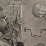 a bearded man holding a paintbrush looking at a skull