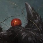 crows wearing red apples on their heads